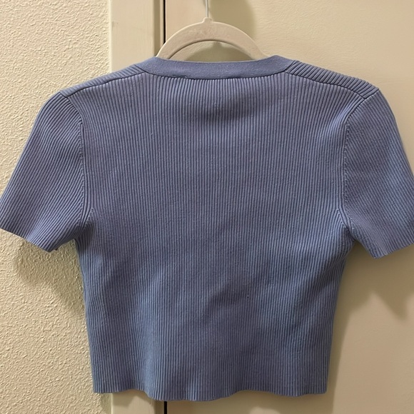 Zara Cropped Knit Top Crop Cardigan V-Neck Button-Up Ribbed Short Blue Sweater M - Picture 4 of 5